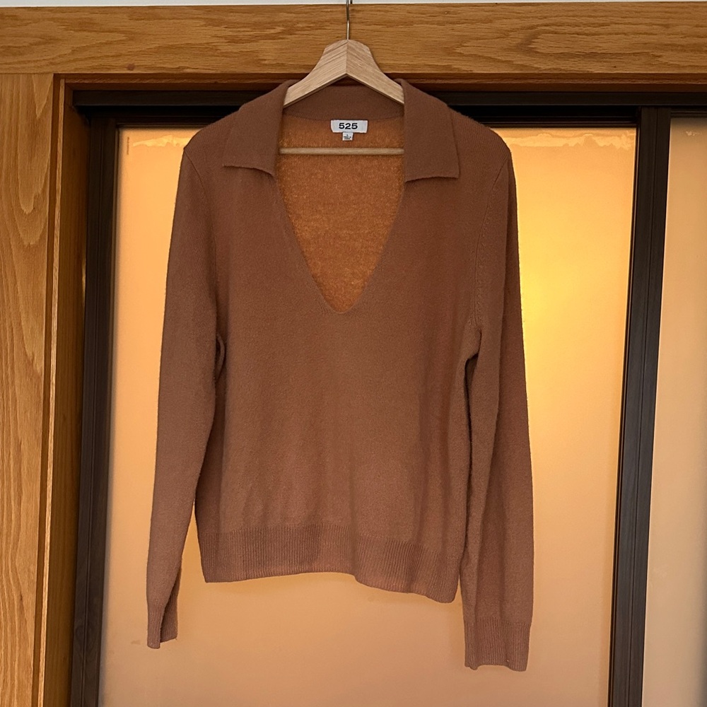 Cashmere Deep V-Neck Polo Sweater in Warm Brown - Picture 2 of 6